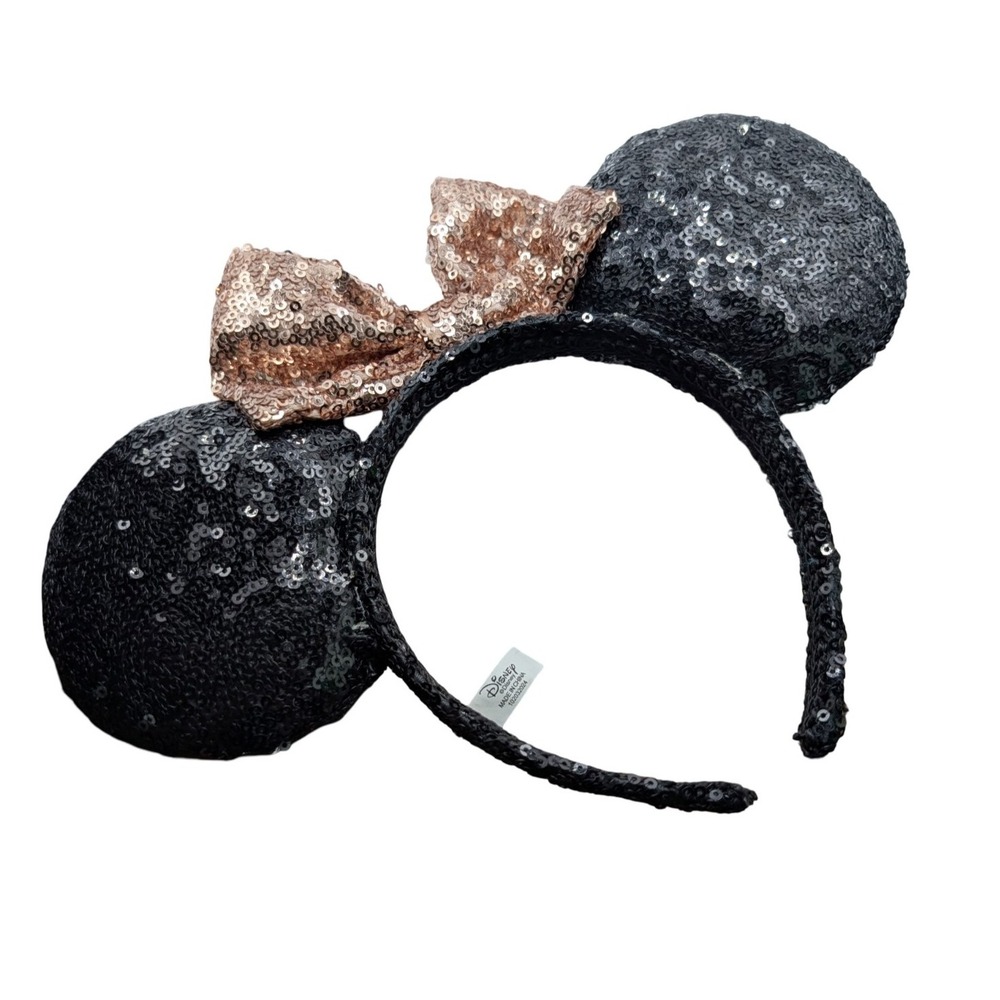 Disney Minnie Mouse Ears Headband Black Sequin Rose Gold Bow Parks